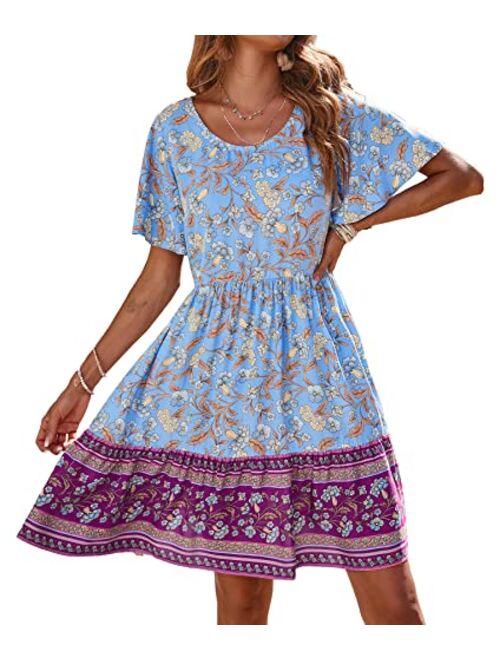 BTFBM Women's Casual Short Sleeve Boho Summer Dresses Crewneck Floral Print High Waist Beach Cute Mini Swing Flowy Dress