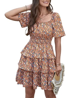 Women's 2023 Floral Summer Short Dress Square Neck Short Sleeve Tiered Ruffle Boho Swing Dresses