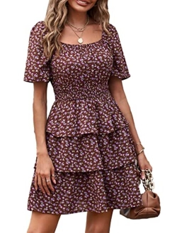 Women's 2023 Floral Summer Short Dress Square Neck Short Sleeve Tiered Ruffle Boho Swing Dresses