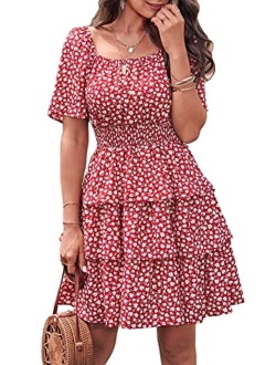 Women's 2023 Floral Summer Short Dress Square Neck Short Sleeve Tiered Ruffle Boho Swing Dresses