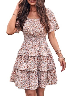 Women's 2023 Floral Summer Short Dress Square Neck Short Sleeve Tiered Ruffle Boho Swing Dresses