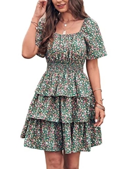 Women's 2023 Floral Summer Short Dress Square Neck Short Sleeve Tiered Ruffle Boho Swing Dresses