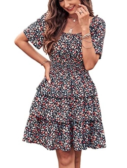 Women's 2023 Floral Summer Short Dress Square Neck Short Sleeve Tiered Ruffle Boho Swing Dresses