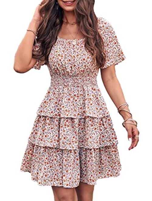 PRETTYGARDEN Women's 2023 Floral Summer Short Dress Square Neck Short Sleeve Tiered Ruffle Boho Swing Dresses