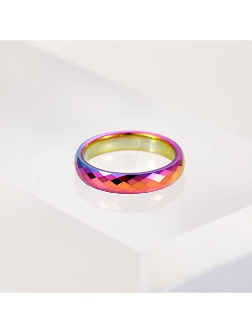 TRUMIUM 4mm Tungsten Wedding Rings for Women Mens Wedding Band Colored Rainbow Hammered Ring Comfort Fit Size 6-12