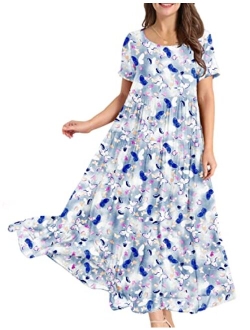 YESNO Women Casual Loose Bohemian Floral Dress with Pockets Short Sleeve Long Maxi Summer Beach Swing Dress EJF