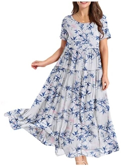 YESNO Women Casual Loose Bohemian Floral Dress with Pockets Short Sleeve Long Maxi Summer Beach Swing Dress EJF