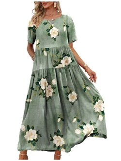 YESNO Women Casual Loose Bohemian Floral Dress with Pockets Short Sleeve Long Maxi Summer Beach Swing Dress EJF