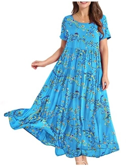 YESNO Women Casual Loose Bohemian Floral Dress with Pockets Short Sleeve Long Maxi Summer Beach Swing Dress EJF