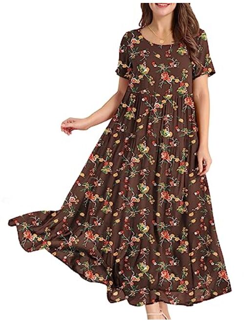 YESNO Women Casual Loose Bohemian Floral Dress with Pockets Short Sleeve Long Maxi Summer Beach Swing Dress EJF