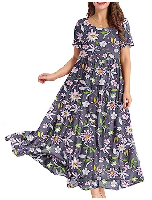 YESNO Women Casual Loose Bohemian Floral Dress with Pockets Short Sleeve Long Maxi Summer Beach Swing Dress EJF