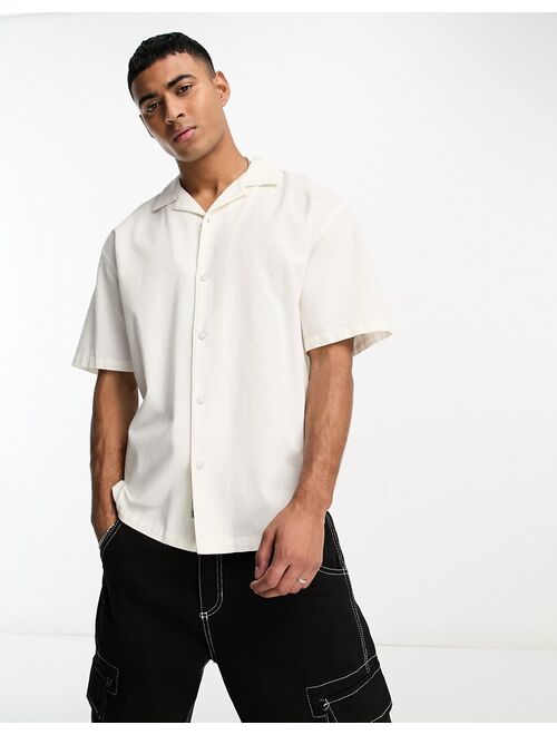 Pull&Bear linen camp collar shirt in white