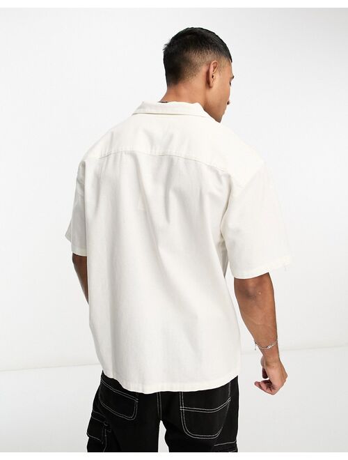 Pull&Bear linen camp collar shirt in white