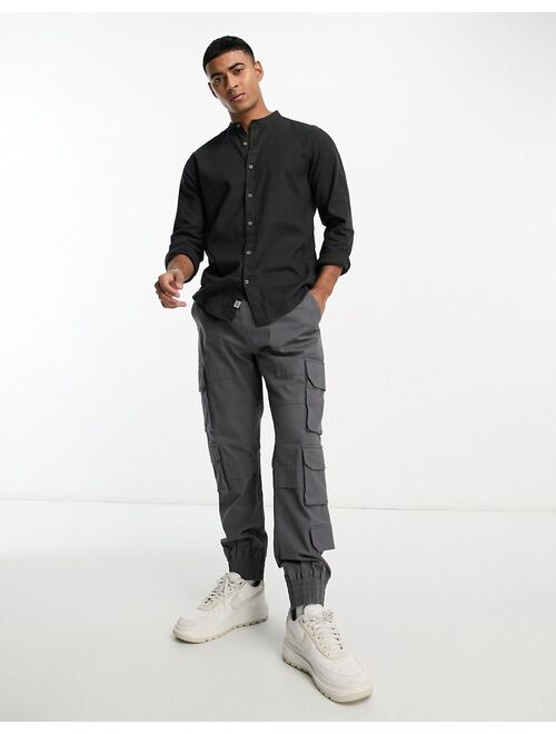 Pull&Bear linen grandad collar long sleeve shirt in black