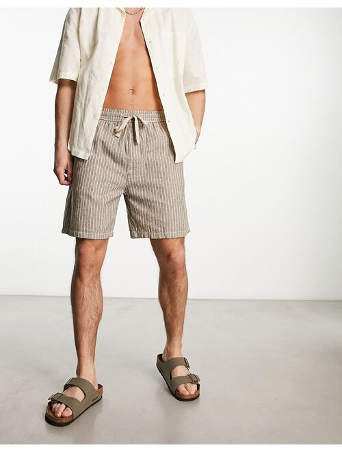 Pull&Bear linen shorts in brown micro stripe