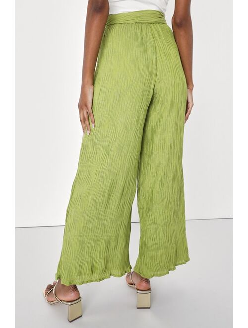 Lulus Getaway Essentials Lime Green Plisse Belted Wide Leg Pants