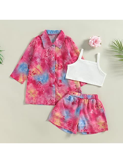 Maemukilabe Smocked Toddler Baby Girl Clothes Tie-dye Button Chiffon Shirt Crop Tops Shorts Set Kids Girls Outfits 3T-7T