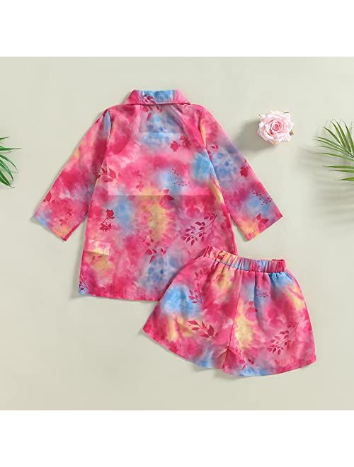 Maemukilabe Smocked Toddler Baby Girl Clothes Tie-dye Button Chiffon Shirt Crop Tops Shorts Set Kids Girls Outfits 3T-7T