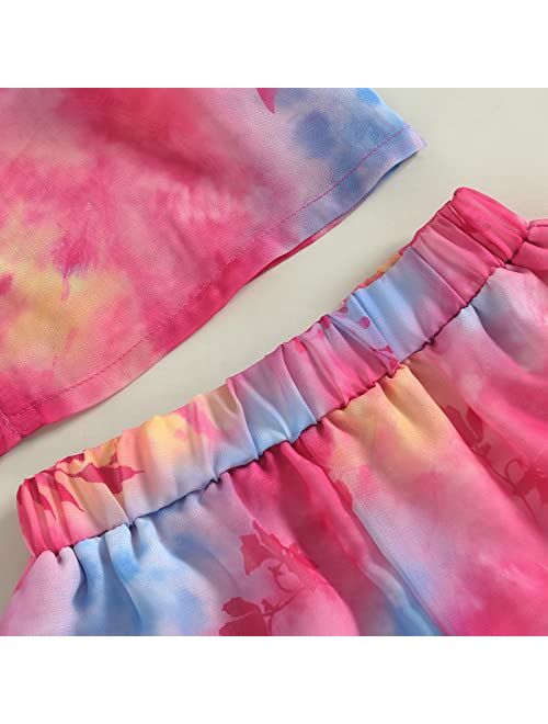 Maemukilabe Smocked Toddler Baby Girl Clothes Tie-dye Button Chiffon Shirt Crop Tops Shorts Set Kids Girls Outfits 3T-7T