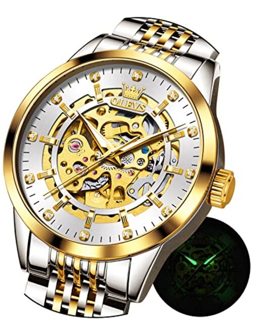 OLEVS Men's Watches Automatic Diamond Skeleton Luxury Business Mechanical Watches for Men Stainless Steel Waterproof Luminous Wrist Watch