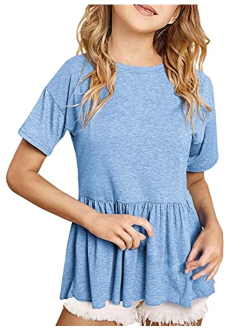 Ebifin Girls Short Sleeve Tops Casual Crewneck T Shirts Kids Peplum Babydoll Tunic Tees Blouses Size 4-15 Years