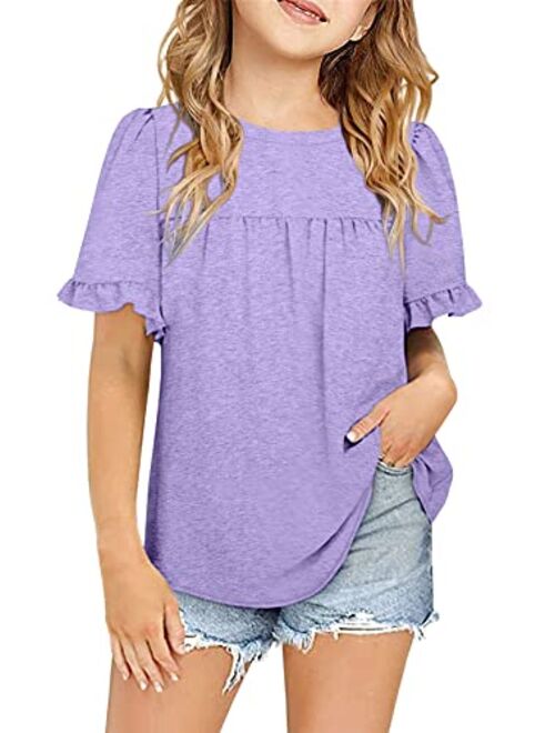 Ebifin Girls Short Sleeve Tops Casual Crewneck T Shirts Kids Peplum Babydoll Tunic Tees Blouses Size 4-15 Years