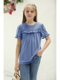 Haloumoning Girls Cute Short Sleeve Tunic Tops Casual Loose Ruffle T Shirts Kids Summer Soft Blouses Size 4-15 Years