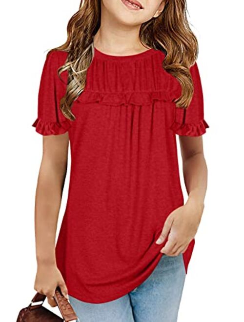 Haloumoning Girls Cute Short Sleeve Tunic Tops Casual Loose Ruffle T Shirts Kids Summer Soft Blouses Size 4-15 Years