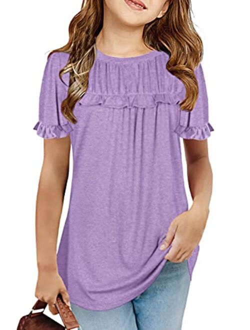 Haloumoning Girls Cute Short Sleeve Tunic Tops Casual Loose Ruffle T Shirts Kids Summer Soft Blouses Size 4-15 Years