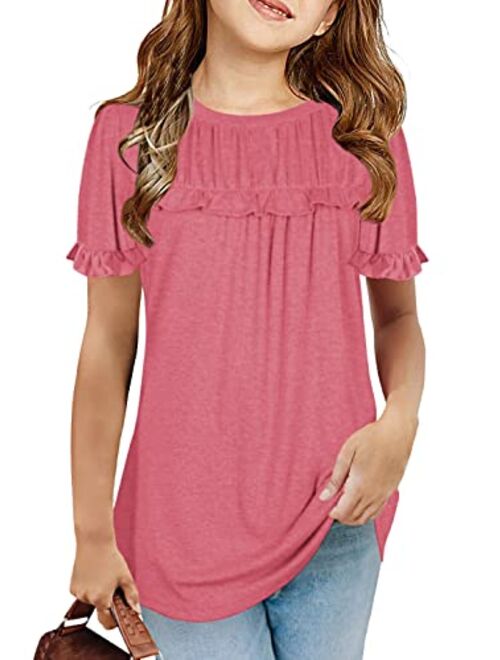 Haloumoning Girls Cute Short Sleeve Tunic Tops Casual Loose Ruffle T Shirts Kids Summer Soft Blouses Size 4-15 Years