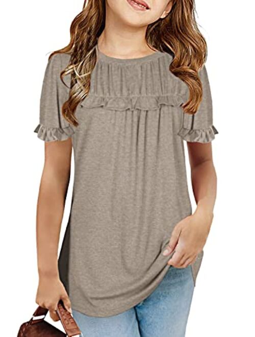 Haloumoning Girls Cute Short Sleeve Tunic Tops Casual Loose Ruffle T Shirts Kids Summer Soft Blouses Size 4-15 Years