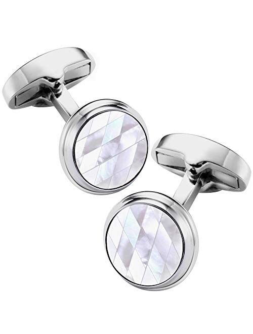 HAWSON Cufflinks for Men Gift Box Packing, Handmade Classic Mother of Pearl Silver Cuff Links for Mens French Shirt, Personalized Gifts Accessories for Men