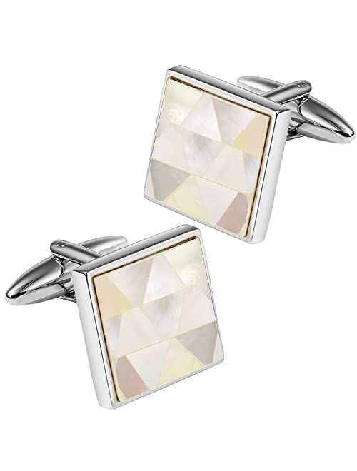 HAWSON Cufflinks for Men Gift Box Packing, Handmade Classic Mother of Pearl Silver Cuff Links for Mens French Shirt, Personalized Gifts Accessories for Men