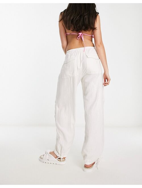 Pull&Bear linen parachute pants in white