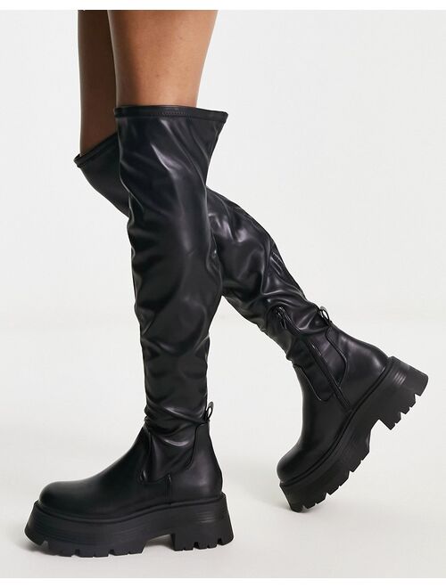 Pull&Bear wide fit thigh high chunky wellie boot in black