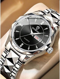 CTPOR Men Rhinestone Decor Round Pointer Date Quartz Watch