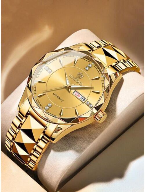 CTPOR Men Rhinestone Decor Round Pointer Date Quartz Watch