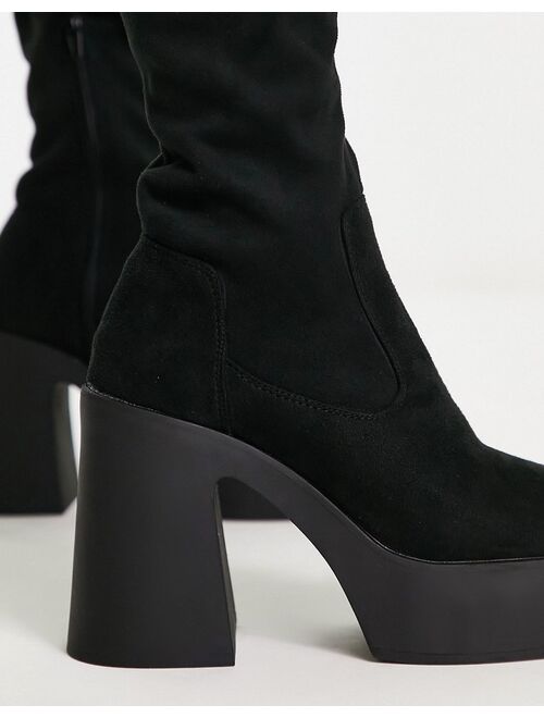 Pull&Bear platform heeled suede high knee boot in black