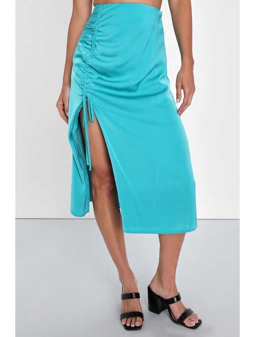 Lulus Current Attitude Teal Blue Satin Ruched Drawstring Midi Skirt