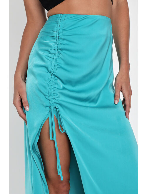 Lulus Current Attitude Teal Blue Satin Ruched Drawstring Midi Skirt