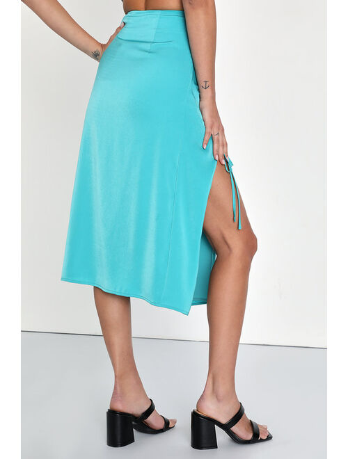 Lulus Current Attitude Teal Blue Satin Ruched Drawstring Midi Skirt