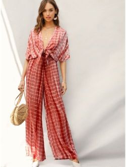VCAY Plunging Neck Knot Front Tie Dye Palazzo Jumpsuit