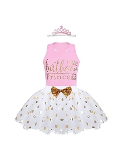 LYSMuch Toddler Baby Girls Birthday Outfits Princess Short Sleeve Shirt Vest Mesh Bubble Tutu Skirt Set with Crown