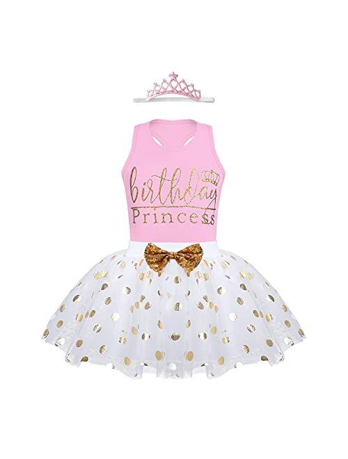 LYSMuch Toddler Baby Girls Birthday Outfits Princess Short Sleeve Shirt Vest Mesh Bubble Tutu Skirt Set with Crown