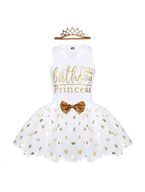 LYSMuch Toddler Baby Girls Birthday Outfits Princess Short Sleeve Shirt Vest Mesh Bubble Tutu Skirt Set with Crown