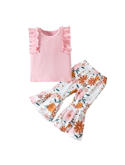 AIKEIDY Toddler Baby Girl Clothes Summer Outfits Ruffles Sleeveless Tank Top Floral Flare Pants Set Cute Bell Bottoms 2 Piece