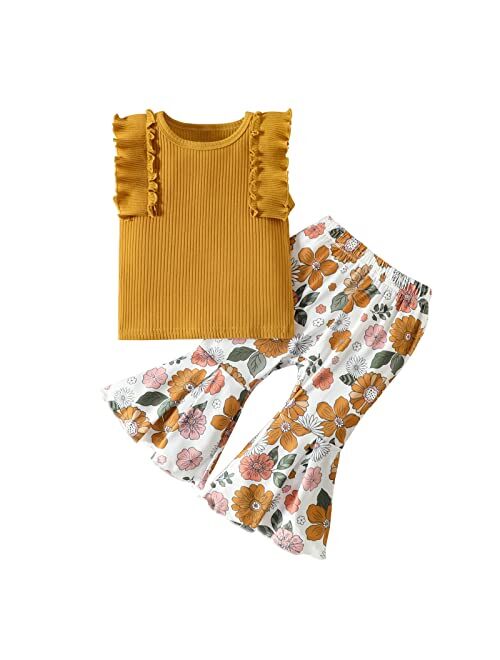 AIKEIDY Toddler Baby Girl Clothes Summer Outfits Ruffles Sleeveless Tank Top Floral Flare Pants Set Cute Bell Bottoms 2 Piece