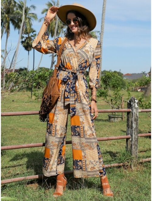 EMERY ROSE Patchwork Print Belted Wide Leg Jumpsuit