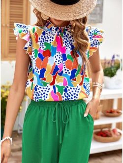 1pc Allover Print Ruffle Trim Mock Neck Blouse