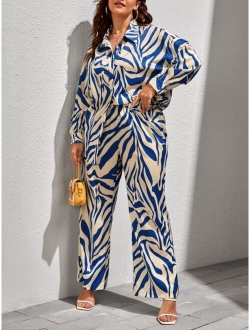 Plus Zebra Striped Drop Shoulder Shirt & Pants